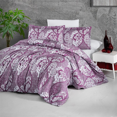 Satin Bettw&auml;sche 200x220 cm. 5 teilig. Lila/Wei&szlig; Barock, 100% Baumwollsatin. Giralda V1