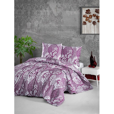 Satin Bettw&auml;sche 200x220 cm. 5 teilig. Lila/Wei&szlig; Barock, 100% Baumwollsatin. Giralda V1