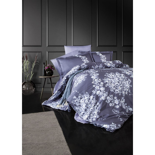 Satin Bettw&auml;sche 240x220 cm, 5 teilig, Lila/Wei&szlig; Gebl&uuml;mt, 100% Baumwollsatin, Verdeckter Rei&szlig;verschluss, Atmungsaktiver, Model: Melrosa V2