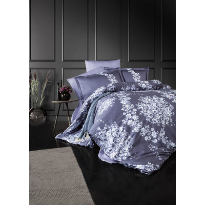Satin Bettw&auml;sche 240x220 cm, 5 teilig, Lila/Wei&szlig; Gebl&uuml;mt, 100% Baumwollsatin, Verdeckter Rei&szlig;verschluss, Atmungsaktiver, Model: Melrosa V2