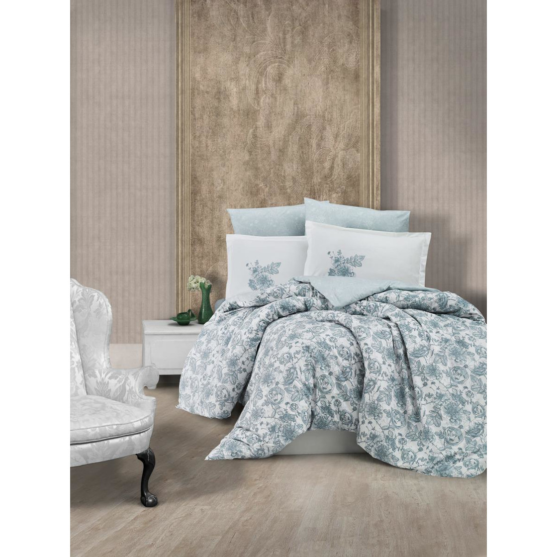 HORIMOTE HOME Knautschsamt-Bettwäsche 3-teilig (Doppelbett) - Grau, Weich, Mit Knopfverschluss