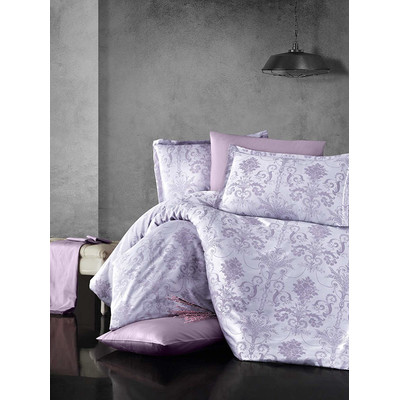 Jaquard Satin Bettw&auml;sche, 200x220 cm., 5-teiliges Set, lila Barockmuster, Queen Size, mit Rei&szlig;verschluss, Modell: Kosa V1
