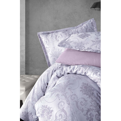 Jaquard Satin Bettw&auml;sche, 200x220 cm., 5-teiliges Set, lila Barockmuster, Queen Size, mit Rei&szlig;verschluss, Modell: Kosa V1