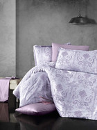 Jaquard Satin Bettw&auml;sche, 200x220 cm., 5-teiliges Set, lila Barockmuster, Queen Size, mit Rei&szlig;verschluss, Modell: Kosa V1