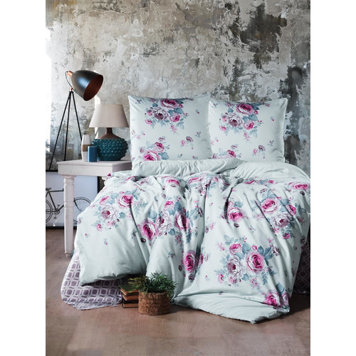 Satin Bettw&auml;sche 200x220 cm. Gr&uuml;n, Rose Gebl&uuml;mt, 100% Baumwollsatin, Verdeckter Rei&szlig;verschluss, Atmungsaktiver 3 teilig Bettbezug Set mit 2 mal Kissenbezuge 80x80 cm. Model: Goya V2