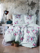 Satin Bettw&auml;sche 200x220 cm. Gr&uuml;n, Rose Gebl&uuml;mt, 100% Baumwollsatin, Verdeckter Rei&szlig;verschluss, Atmungsaktiver 3 teilig Bettbezug Set mit 2 mal Kissenbezuge 80x80 cm. Model: Goya V2