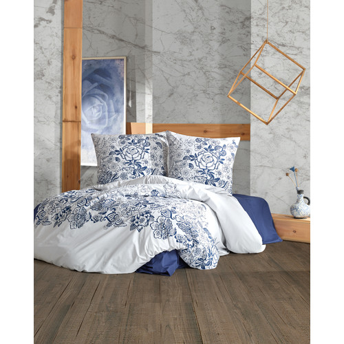 Bettw&auml;sche 200x200 cm Wei&szlig;/Blau gebl&uuml;mt, 100% Baumwolle/Renforc&eacute; mit Rei&szlig;verschluss Atmungsaktiver 3 teilig Bettbezug Set mit 2 mal Kissenbezuge 80x80 cm. Mandora V1