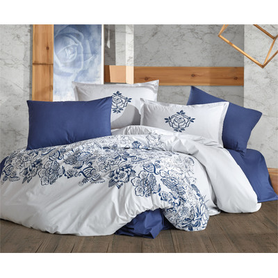 Bettw&auml;sche 240x220 cm. 5 teilig Set, Wei&szlig;/Blau, 100% Baumwolle/Renforc&eacute; mit Rei&szlig;verschluss Atmungsaktiver, Mandora V1