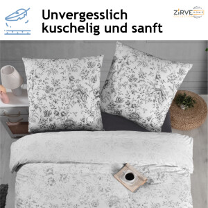 Bettw&auml;sche-Set  wei&szlig; - kuschelig weich - Baumwolle Bettbezug im Grau-Schwarz gebl&uuml;mt, 135x200 | 155x220 | 200x200 | 200x220 I 240x220 cm. Napa