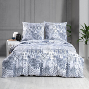 Bettw&auml;sche-Set 200x220 cm, 3-teilig, Baumwolle Renforc&eacute;, Dunkelblau &amp; Grau - Bettgarnitur mit Bettbezug und Kissenbezug (80x80 cm), Geometrische und ikonische Muster, Pava