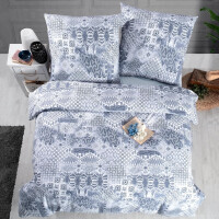 Bettw&auml;sche-Set 200x220 cm, 3-teilig, Baumwolle Renforc&eacute;, Dunkelblau &amp; Grau - Bettgarnitur mit Bettbezug und Kissenbezug (80x80 cm), Geometrische und ikonische Muster, Pava