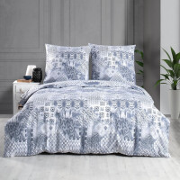 Bettw&auml;sche-Set 200x220 cm, 3-teilig, Baumwolle Renforc&eacute;, Dunkelblau &amp; Grau - Bettgarnitur mit Bettbezug und Kissenbezug (80x80 cm), Geometrische und ikonische Muster, Pava