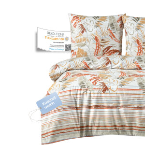 Bettw&auml;sche 240x220 Beige 3-teilig, Kuschelig Baumwolle Bettbezug Bl&auml;tter und Streifenmuster Orange, Braun. Oliva