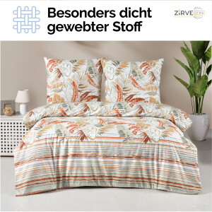 Bettw&auml;sche 240x220 Beige 3-teilig, Kuschelig Baumwolle Bettbezug Bl&auml;tter und Streifenmuster Orange, Braun. Oliva