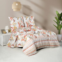 Bettw&auml;sche 240x220 Beige 3-teilig, Kuschelig Baumwolle Bettbezug Bl&auml;tter und Streifenmuster Orange, Braun. Oliva