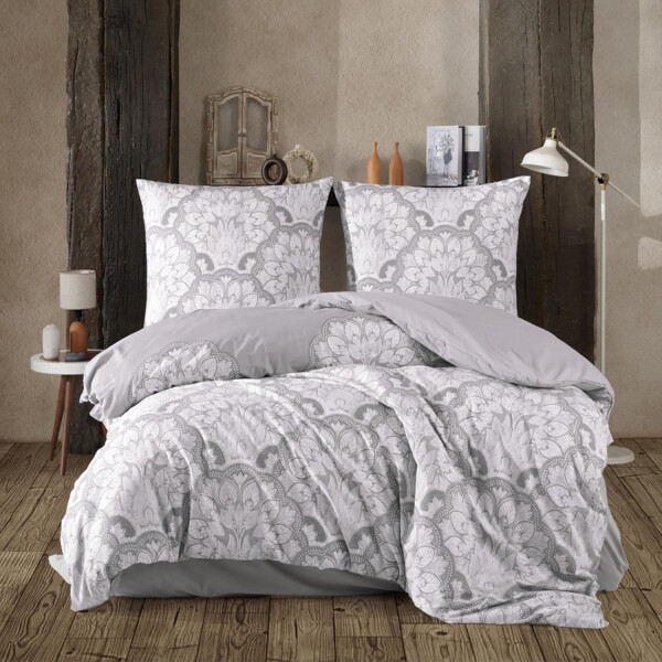 Bettw&auml;sche-Set 155x220 cm zweiteilig Baumwolle Bettbezug Grau Barockstill wei&szlig; gebl&uuml;mt. TabulaV1