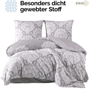 Bettw&auml;sche-Set 155x220 cm zweiteilig Baumwolle Bettbezug Grau Barockstill wei&szlig; gebl&uuml;mt. TabulaV1