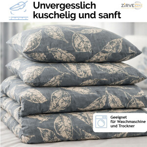 Baumwoll-Bettw&auml;sche Graublau Beige &ndash; Elegantes Blattmuster, Natur-Design, Ganzjahresbettw&auml;sche ArinaV1