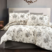 Baumwolle Bettw&auml;sche-Set Beige Bettbezug Schwarz gebl&uuml;mt Evla V1