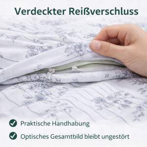 Bettw&auml;sche Baumwolle Bettbezug wei&szlig; Grau Florales Muster Ganzjahresbettw&auml;sche mit Rei&szlig;verschluss Melody