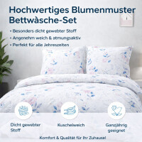 Bettw&auml;sche 200x200 cm. 3 teilig Baumwolle Bettbezug Wei&szlig; mit rosa-blauem Floralmuster Dolce V1
