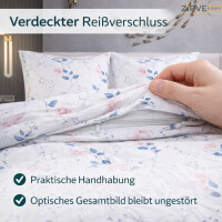 Bettw&auml;sche 200x200 cm. 3 teilig Baumwolle Bettbezug Wei&szlig; mit rosa-blauem Floralmuster Dolce V1