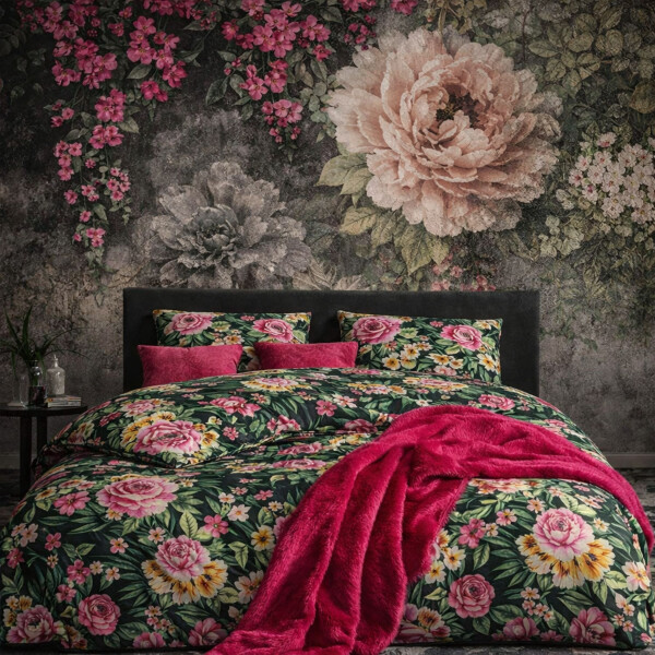 Bettw&auml;sche-Set 100% Baumwolle Dunkelgr&uuml;n Bettbezug Florales Blumenmuster in Rosa, Gelb &amp; Gr&uuml;n Garden V1