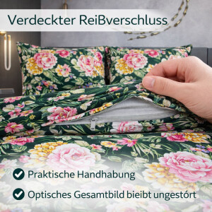Bettw&auml;sche 200x220 cm 3-teilig 100% Baumwolle Dunkelgr&uuml;n Bettbezug Florales Blumenmuster in Rosa, Gelb &amp; Gr&uuml;n Garden P1