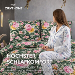 Bettw&auml;sche 200x220 cm 3-teilig 100% Baumwolle Dunkelgr&uuml;n Bettbezug Florales Blumenmuster in Rosa, Gelb &amp; Gr&uuml;n Garden P1
