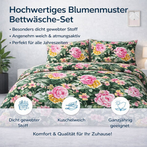 Bettw&auml;sche 200x220 cm 3-teilig 100% Baumwolle Dunkelgr&uuml;n Bettbezug Florales Blumenmuster in Rosa, Gelb &amp; Gr&uuml;n Garden P1