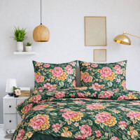 Bettw&auml;sche 200x220 cm 3-teilig 100% Baumwolle Dunkelgr&uuml;n Bettbezug Florales Blumenmuster in Rosa, Gelb &amp; Gr&uuml;n Garden P1