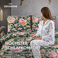 Bettw&auml;sche 200x220 cm 3-teilig 100% Baumwolle Dunkelgr&uuml;n Bettbezug Florales Blumenmuster in Rosa, Gelb &amp; Gr&uuml;n Garden P1