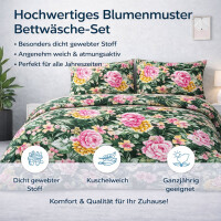 Bettw&auml;sche 200x220 cm 3-teilig 100% Baumwolle Dunkelgr&uuml;n Bettbezug Florales Blumenmuster in Rosa, Gelb &amp; Gr&uuml;n Garden P1
