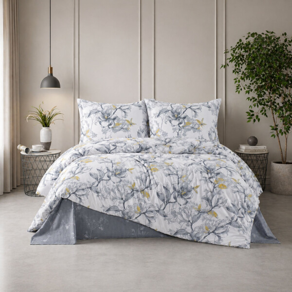 Baumwolle Bettw&auml;sche &ndash; Modernes Blumen Design in Grau Wei&szlig; mit Gelben Akzenten Graue Fiora