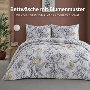 Baumwolle Bettw&auml;sche &ndash; Modernes Blumen Design in Grau Wei&szlig; mit Gelben Akzenten Graue Fiora