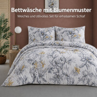 Baumwolle Bettw&auml;sche &ndash; Modernes Blumen Design in Grau Wei&szlig; mit Gelben Akzenten Graue Fiora