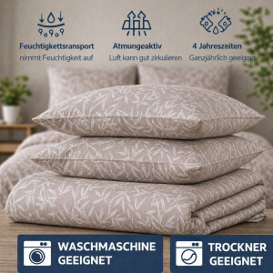 Bettw&auml;sche  Beige Bettbezug Natur Bl&auml;tter Design in Creme und Braun Bamboo