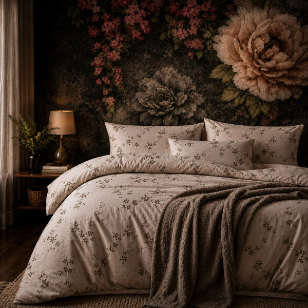Bettw&auml;sche Baumwolle Bettbezug Beige mit Schwarz Wei&szlig;em Blumen und Zweigmuster Cozy