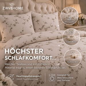 Bettw&auml;sche Baumwolle Bettbezug Beige mit Schwarz Wei&szlig;em Blumen und Zweigmuster Cozy
