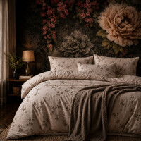 Bettw&auml;sche Baumwolle Bettbezug Beige mit Schwarz Wei&szlig;em Blumen und Zweigmuster Cozy