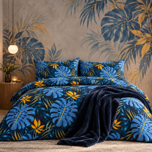 ZIRVEHOME Bettw&auml;sche Set Monstera Dunkelblau &ndash;...
