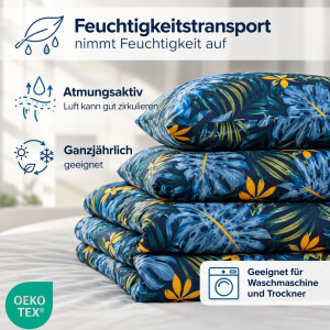 ZIRVEHOME Bettw&auml;sche Set Monstera Dunkelblau &ndash; Baumwoll-Bettw&auml;sche mit tropischem Bl&auml;ttermuster,