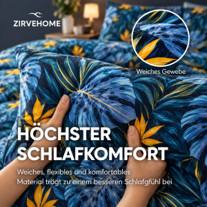ZIRVEHOME Bettw&auml;sche Set Monstera Dunkelblau &ndash; Baumwoll-Bettw&auml;sche mit tropischem Bl&auml;ttermuster,
