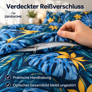 ZIRVEHOME Bettw&auml;sche Set Monstera Dunkelblau &ndash; Baumwoll-Bettw&auml;sche mit tropischem Bl&auml;ttermuster,
